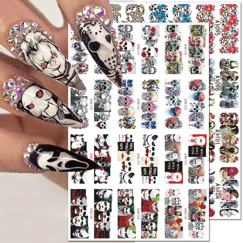 

12pcs Halloween Nail Stickers Ghost Bride Clown Scars Cartoon Snake Skull Water Transfer Foils Sliders Decorations for Manicure