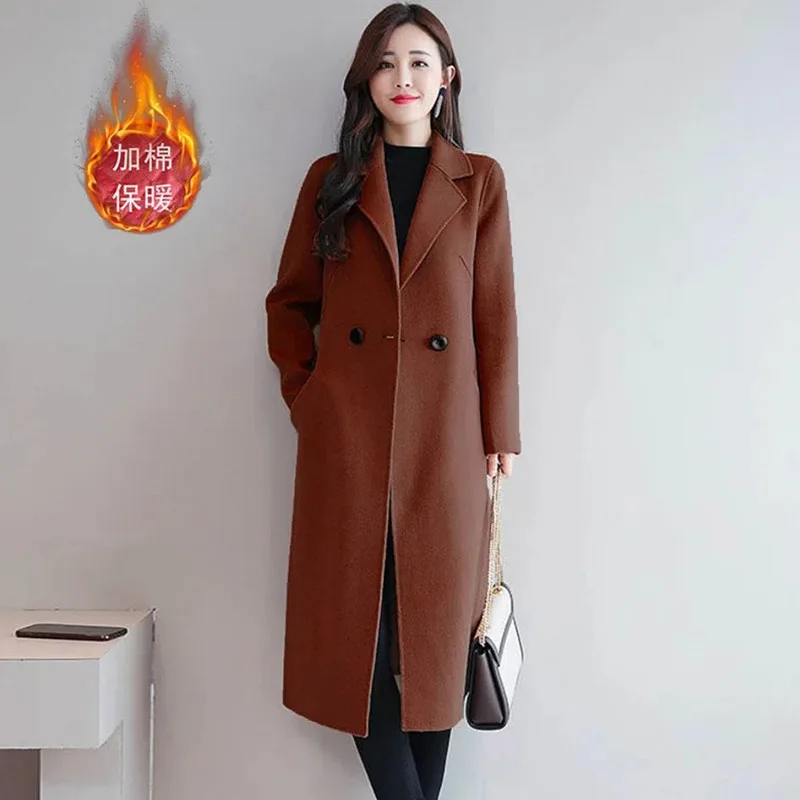

New Womens Long Woolen Coat Spring Autumn Winter Plus Cotton Thicke Woolen Jacket Female Korean Loose Casual Trench Overcoat 3XL