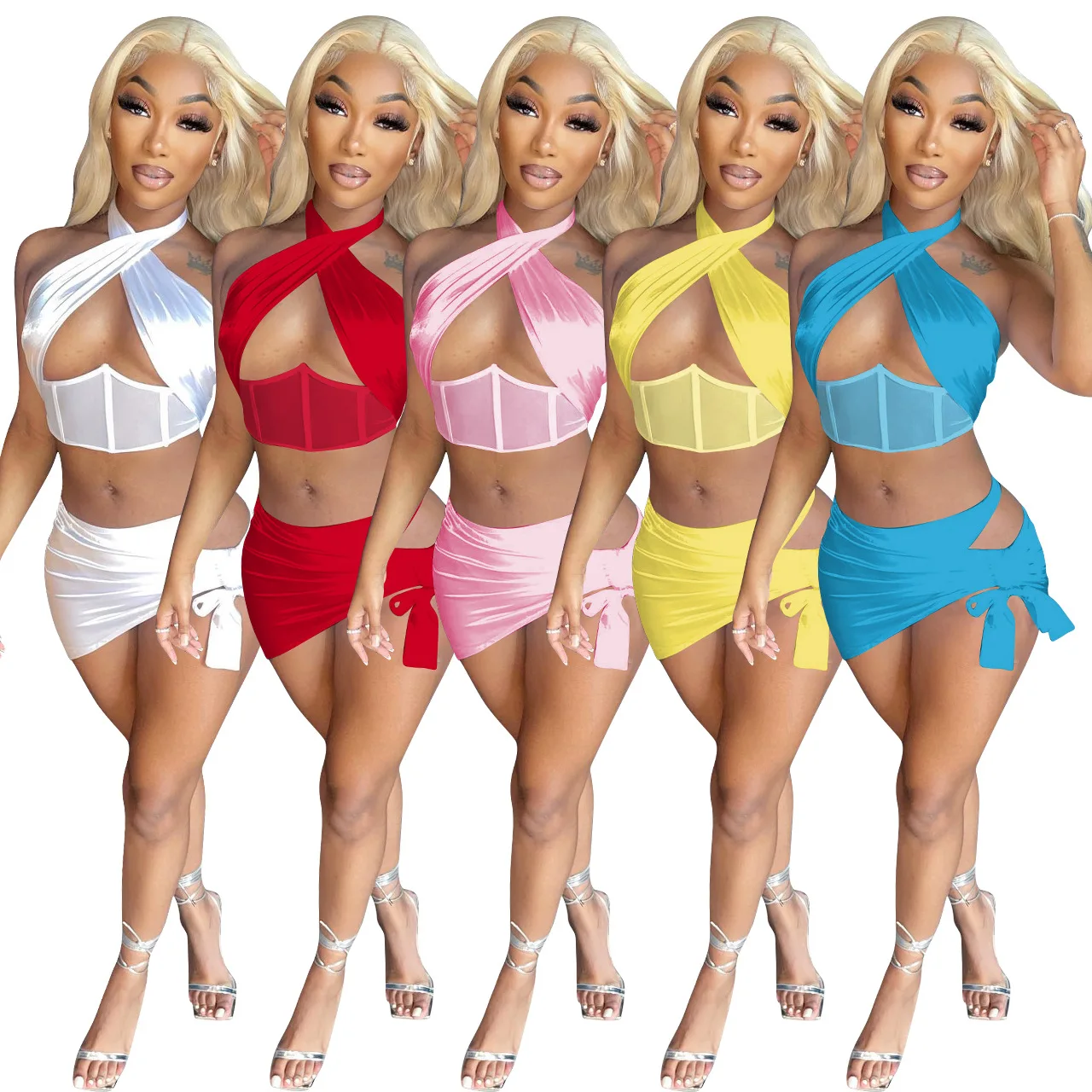 

Fashion Two Piece Set 2022 Summer Women Cross Bandage Backless Crop Top Sexy Skirts Matching Set Streetwear Party Club Outfits