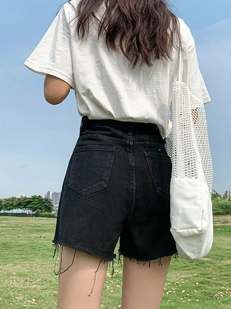 Streetwear Women High Waist Loose Hole Frayed Denim Shorts Spring Summer Female Wide Leg Retro Jeans Shorts Bottoms