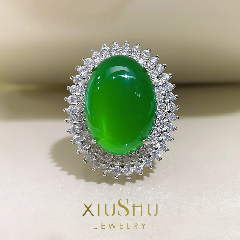 

High Ice, High Fluorescence Ice, Brazil Pigeon Egg Green Chalcedony Ring, Luxury Comparable To Jadeite 925 Gold Plated J006