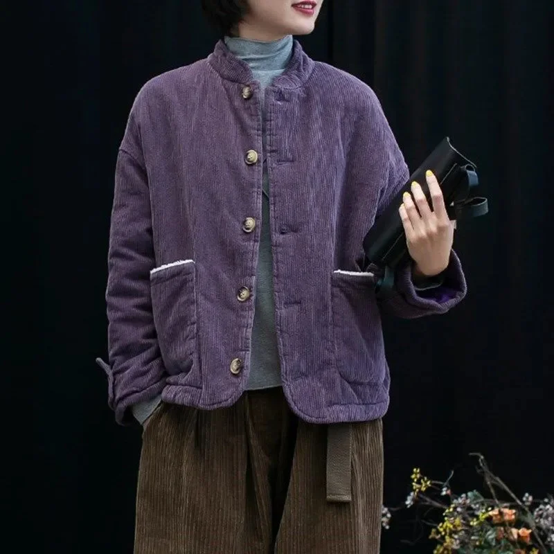 2024 винтажная маленькая хлопковая куртка с толстым вельветовым пальто Женская