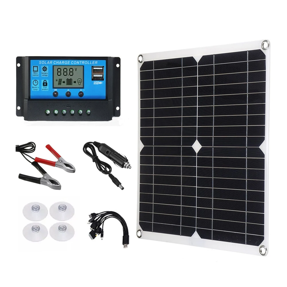 

18V 25W Monocrystalline Solar Panel Kit Dual USB Cellphone Recharger with 12/24V 60A 100A PWM Solar Controller for RV Marine