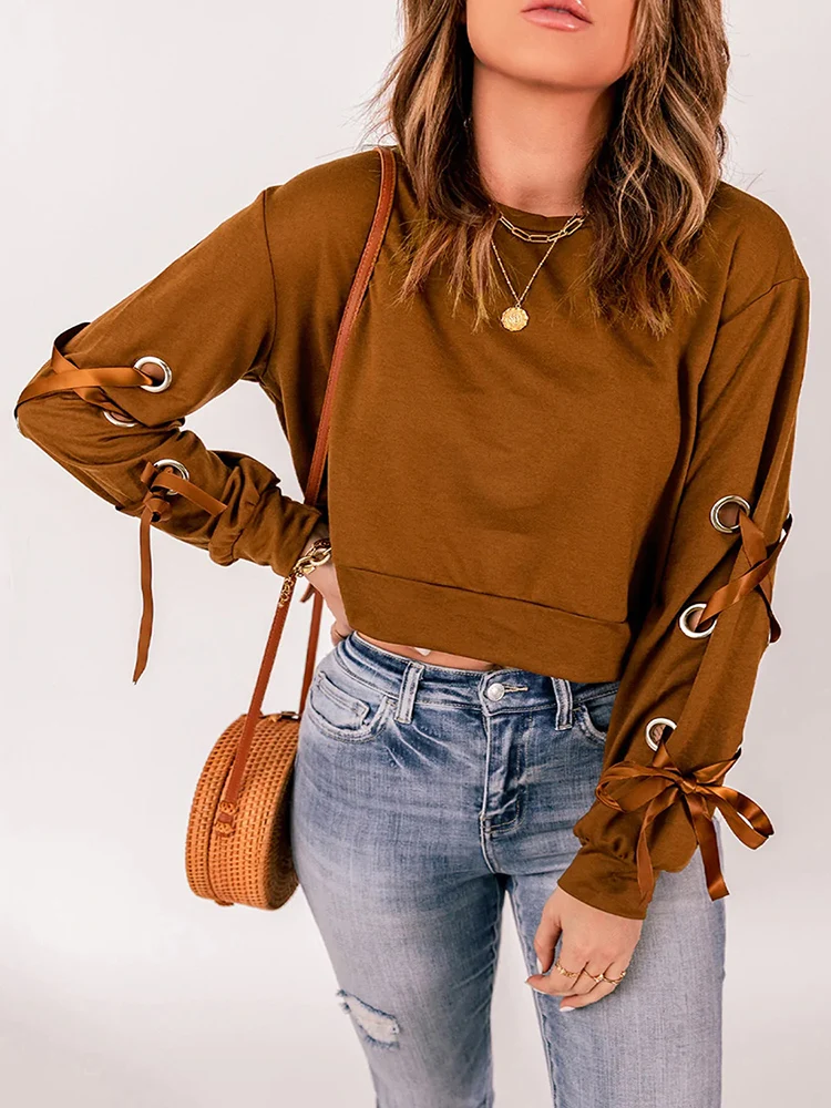 

Women's Casual O-neck Bow Ribbon Long Sleeve T-shirt Tops 2022 Autumn Winter Fashion Solid Color Loose Pullover Women Clothes