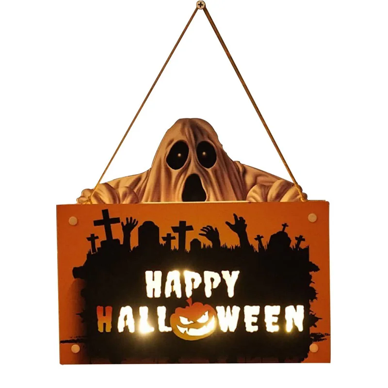 

Halloween Door Sign with Lights Wooden Pumpkin Ghost Happy Halloween Porch Sign Horror Hanging Decor for Indoor Outdoor Home