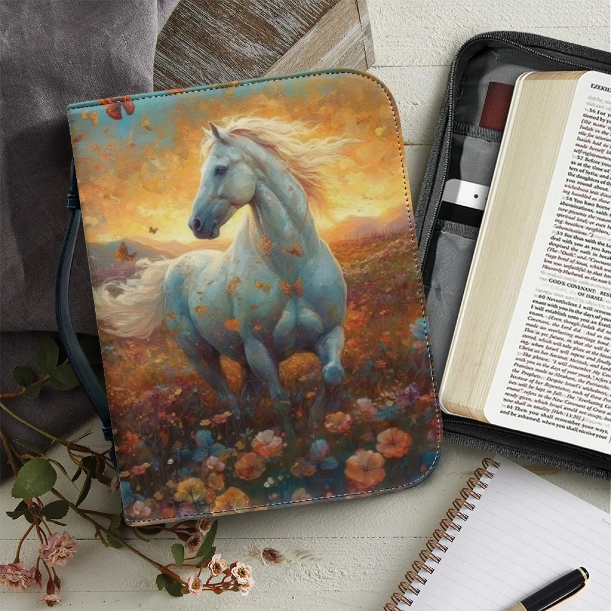 

Women's Leather Handbags Art Running Horse Graphic Print Practical Bible Bag Christianity Church Study Book Holy Storage Boxes