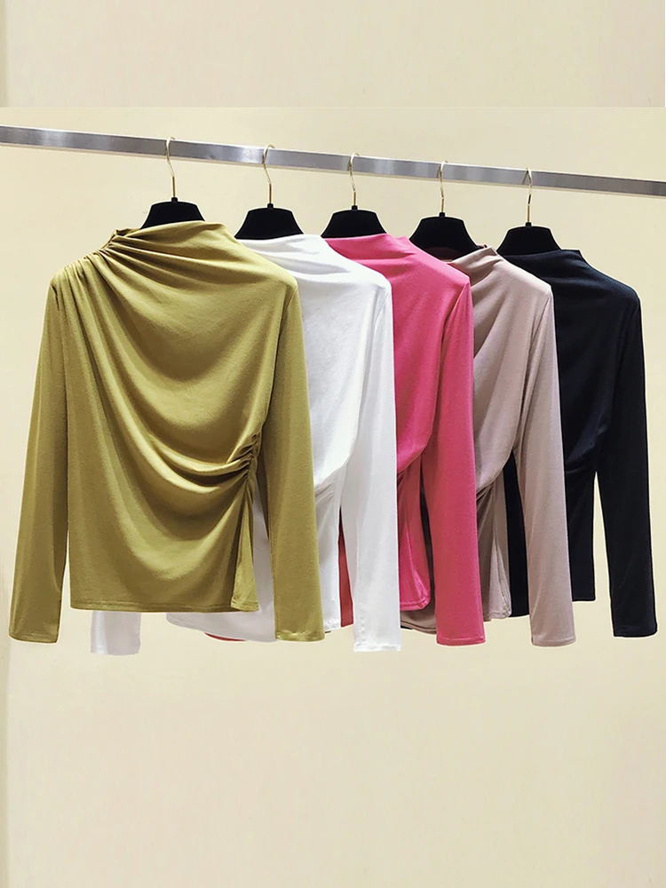 

AOSSVIAO 2023 Long Sleeve T Shirt Women Autumn Tops Folds Slim T-Shirt Female Tee Shirt Femme Korean Cotton Tshirt Woman Clothes