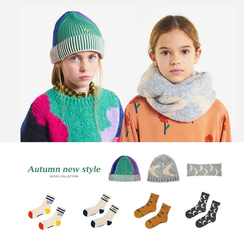 

2022 New BC Autumn Winter Children's Accessories Boys Girls Knitted Cotton Thread Socks Beanie Hat Scarf Kids Accessories