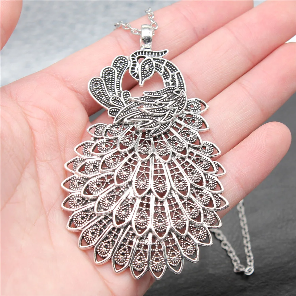 

Прямая поставка, античное посеребренное покрытие, 86x53 мм, Большая подвеска на ожерелье, Павлин для женщин и мужчин, длинная цепь, модные ювел...