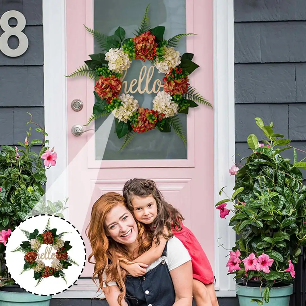 

Fine Workmanship False Wreath Vibrant Hello Letter Decor Artificial Hydrangea Wreath with Orange White Festive Front for Summer