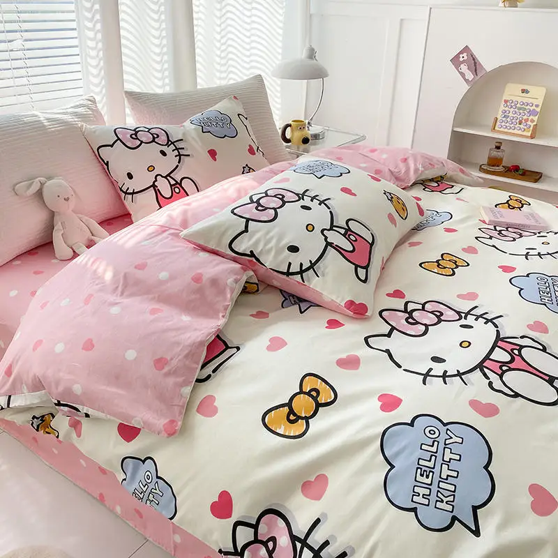 Sanrio cartoon style Hello Kitty bed four-piece ins cute cotton cotton children's girls dormitory three-piece four-piece set