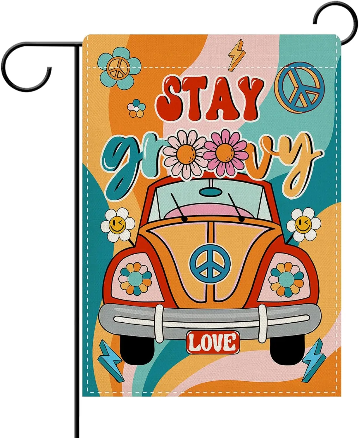 Фото Dyrenson Stay Groovy Хиппи Автомобильный декоративный садовый флаг, Ретро Хиппи Цветочный двор Дейзи снаружи украшения дома, 60-е 70-е годы Birt KKW №1