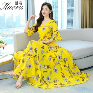 Dresses For Women 2022 Chiffon Beach Yellow Summer Clothes Long Dress Fashion Elegant Floral Pink Tunics Maxi Vestidos De Fiesta