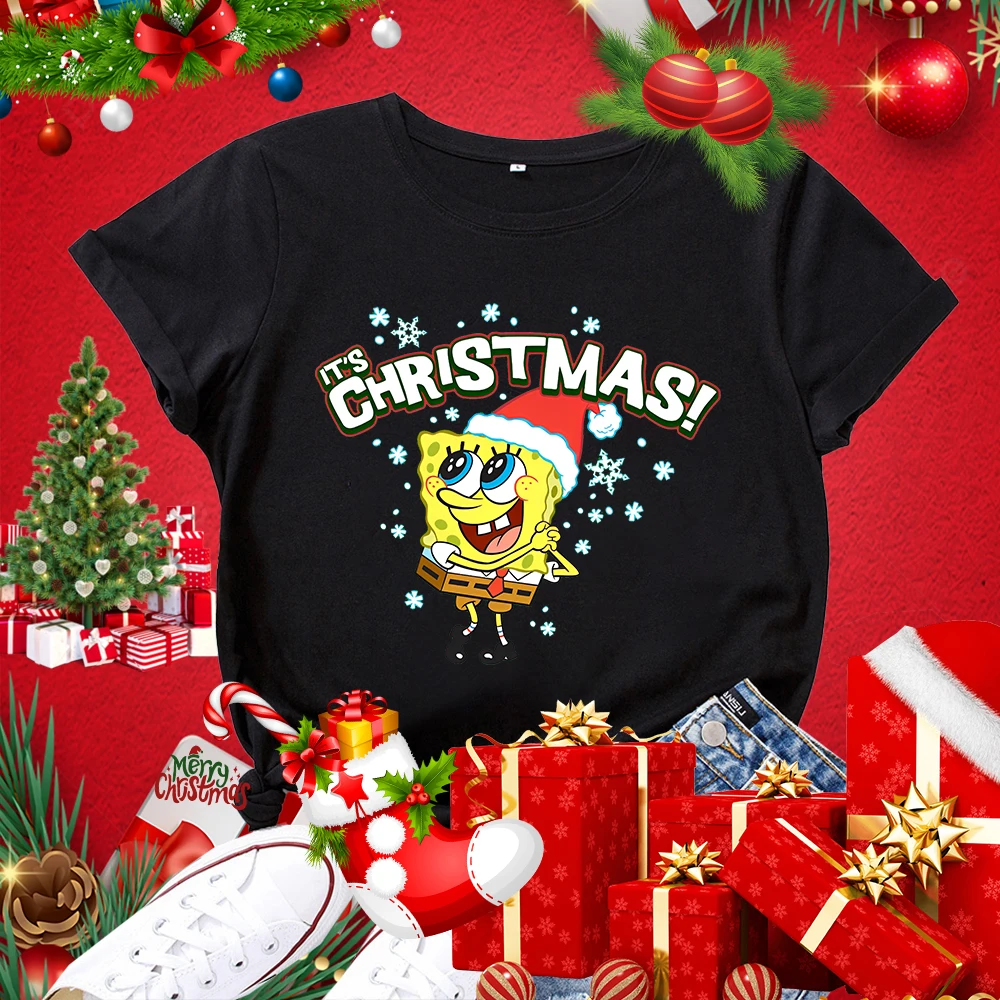 MINISO SpongeBob SquarePants It's Christmas Snowflakes Женская футболка из хлопка с короткими рукавами