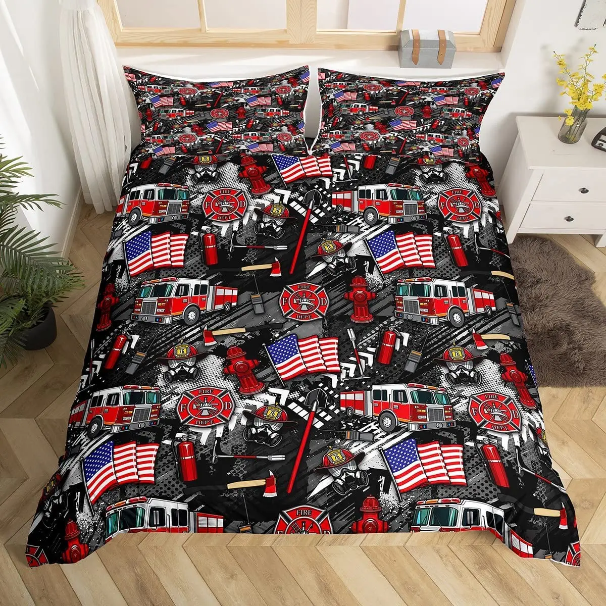 

American Flag and Fire Truck Duvet Cover Set Twin Comforter Cover with Pillowcase Bedclothes USA Flag Fire Polyester Qulit Cover