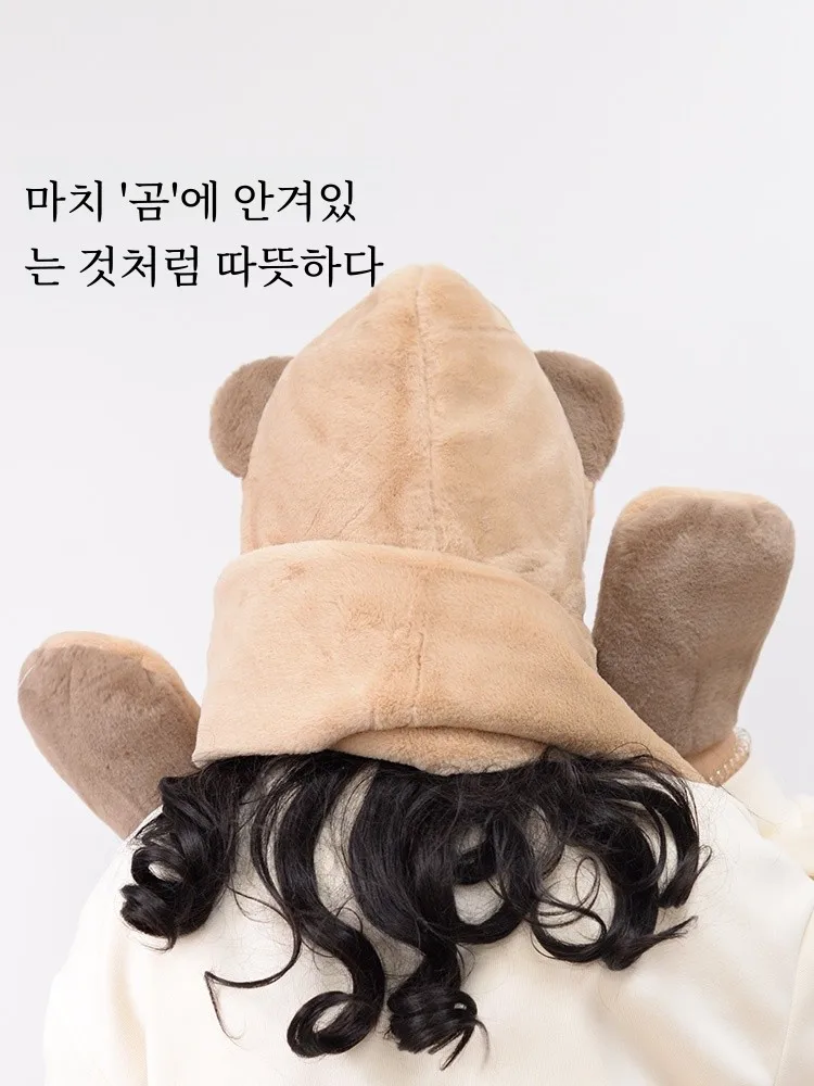 Шапка-шарф с медведем перчатки интегрированный женский осенне-зимний меховой