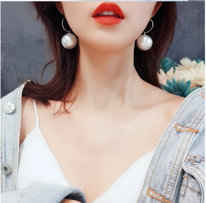 Korean Elegant Round Pearl Hoop Drop Earrings for Women  Circle Ball Bead Pendant Dangle Women's Wedding Party Jewelry Gift images - 6