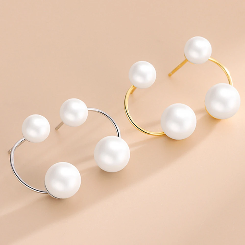 

WPB S925 Sterling Silver Earrings C Shape 2 Pearls Stud Earrings Women K Gold Plated Luxury Jewelry Gifts Party Prom Banquet