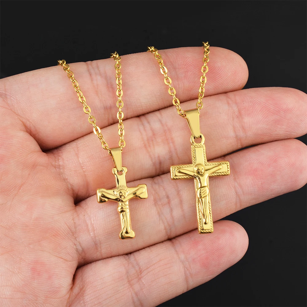 Gold Color Plated Cross Pendant Necklace for Men Women Stainless Steel Chain Simple Jewelry Gift