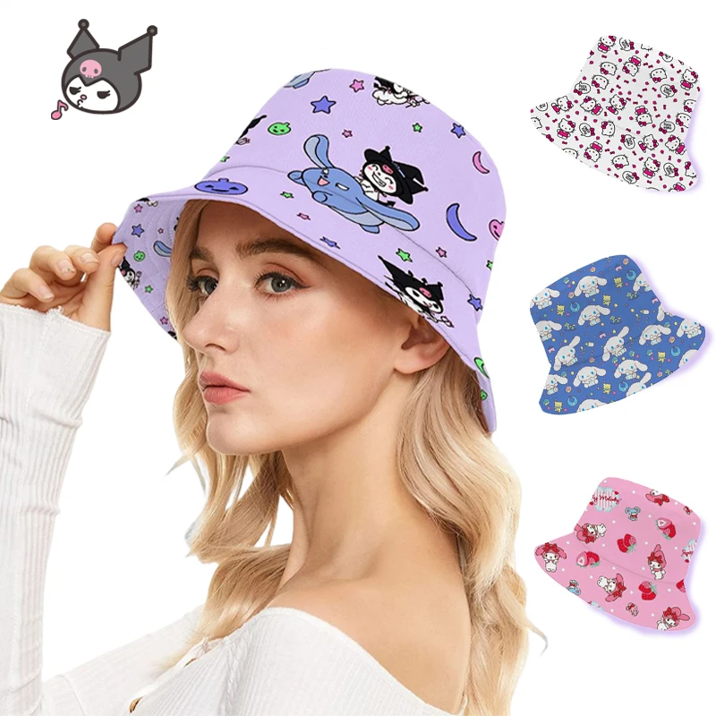 

Sanrio Kawaii Kuromi Bucket Hat Hello Kitty Cinnamoroll Cartoon Cute Sunshade Pot Hat Outdoor Casual All-match Big Brim Sun Hat