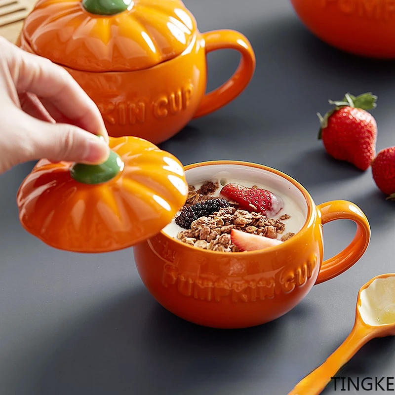 

300-500ml Pumpkin cup creative water cup ceramic with lid breakfast oatmeal mug high value cute girl Valentine's Day gift