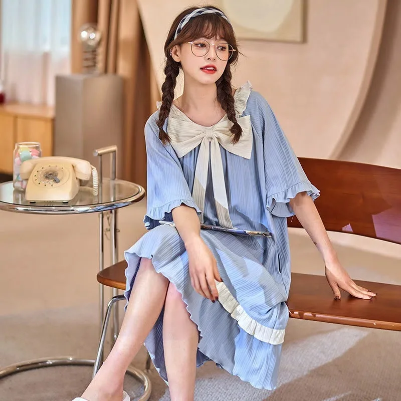 Pure Cotton Nightdress Women's Summer Thin Short-sleeved Student Pajamas Lovely Princess Style Half Sleeve