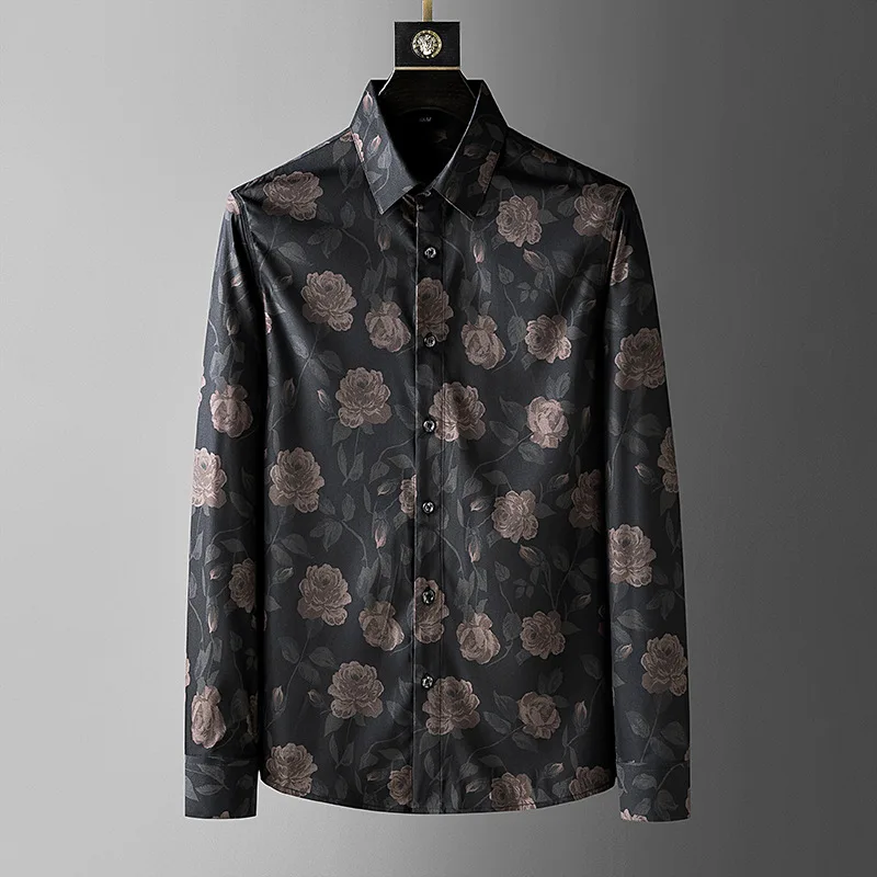 Vintage Floral Print Shirts Men 2022 Autumn Long Sleeve Casual Slim Shirt Camisa Masculina Social Party Streetwear Tuxedo Blouse