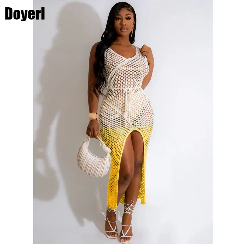 

Пляжное вязаное крючком длинное платье накидка с разрезом спереди прозрачное градиентное сексуальное облегающее летнее платье для отдыха