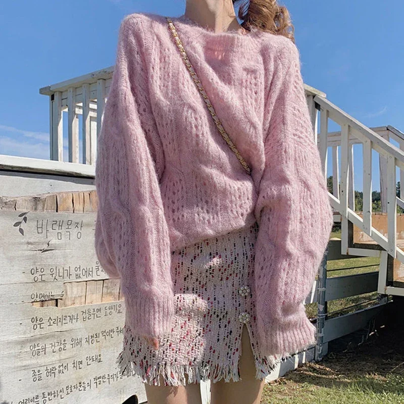 DAYIFUN женские однотонные полые вязаные пуловеры верхние свободные свитера милые