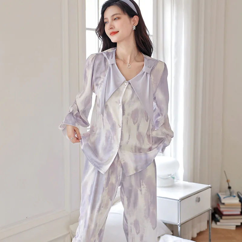 2023 Spring and Autumn Tie-dye Long-sleeved Home Service Bowknot Pajamas Set High-end Ice Silk Pajamas Women