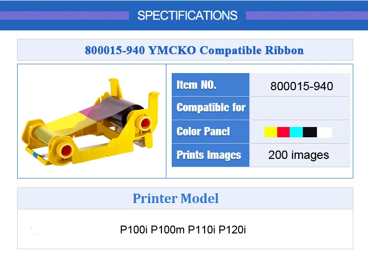 Совместимая цветная лента YMCKO 800015-940 10 шт. принты 200 для принтера Zebra P100i P100m P110i P120i