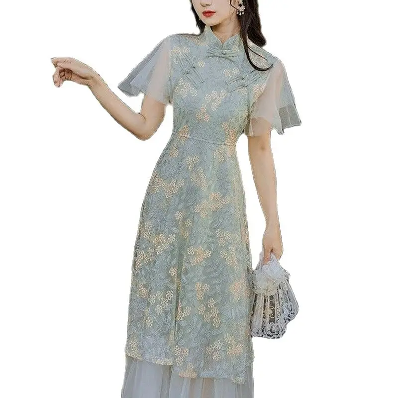 Винтажное Сетчатое платье-Ципао с вышивкой и высокой талией в китайском стиле |