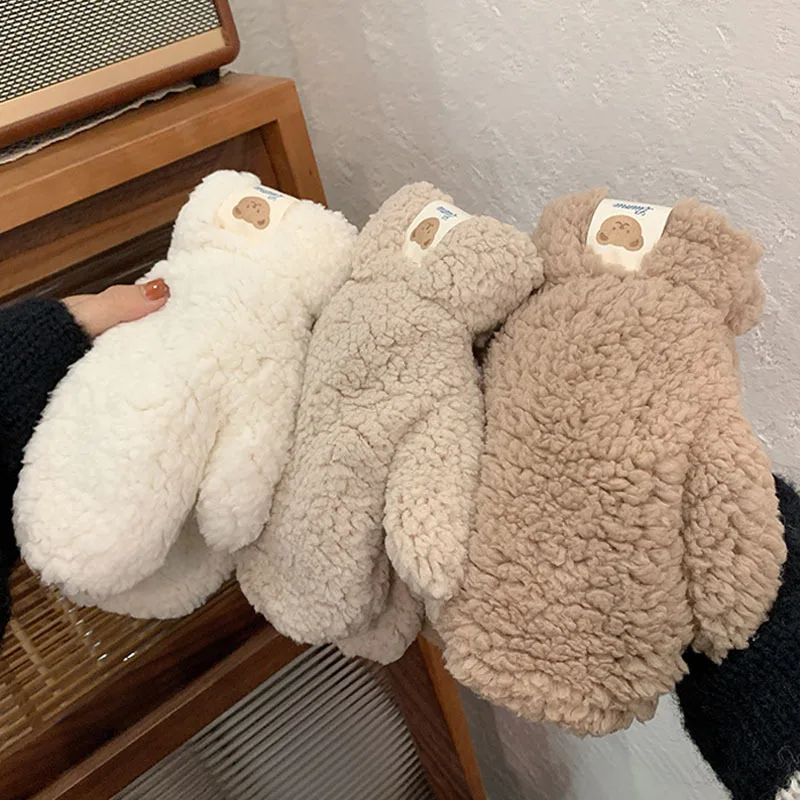 

Cute Bear Claw White Gloves Plush Thickened Winter Keep Warm Students Ride Cold Windproof Underwear Mittens Hanging Neck Famale