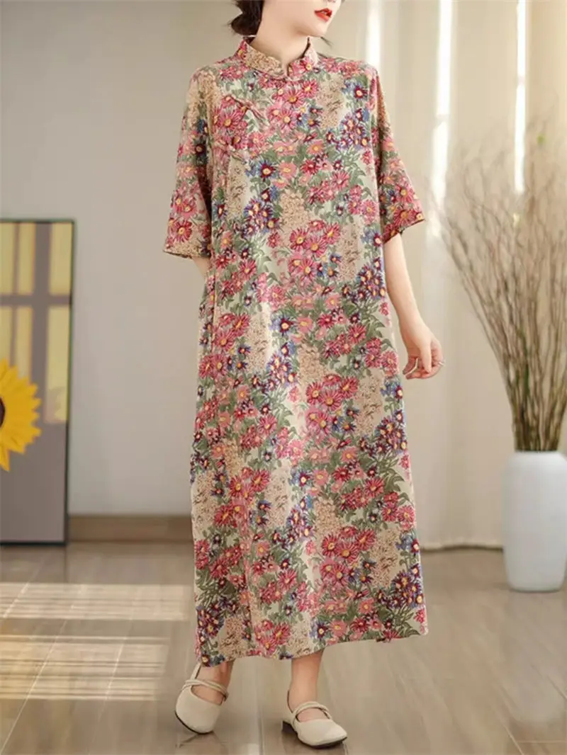 Женское платье с воротником-стойкой Длинное свободное в стиле ретро принтом на