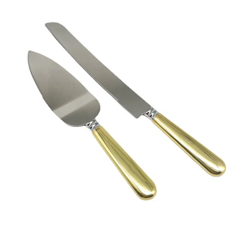 

2Pcs/set Stainless Steel Silver Cake Knife and Shovel Set with Gold Handle Bread Knife Pizza Shovel Birthday Wedding Supplies
