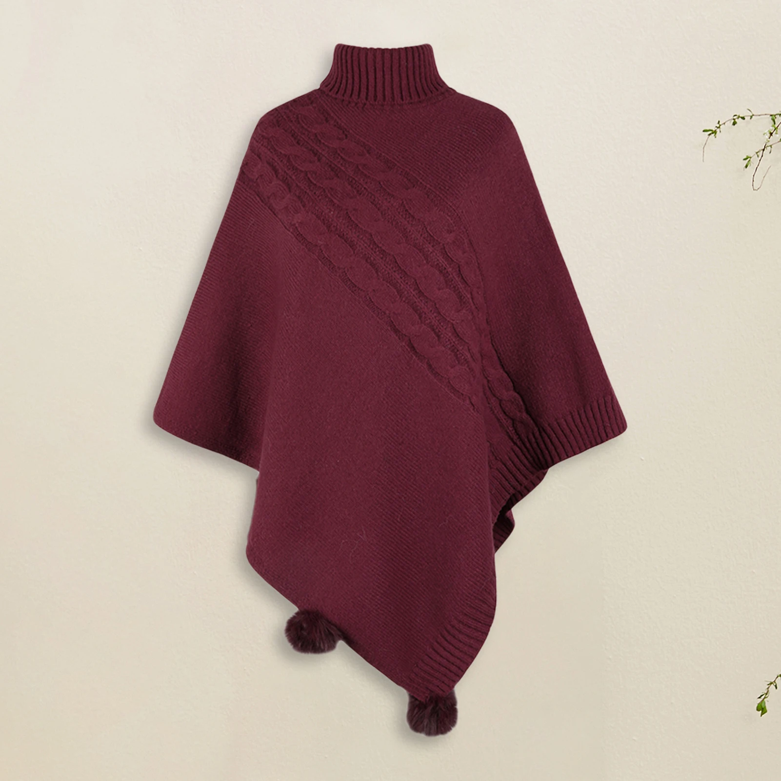 

Ladies Knit Cape Shawl Slim Fit Women Winter Sweater with Fluffy Pompoms Solid Color Crochet High Collar Vacation Outfit