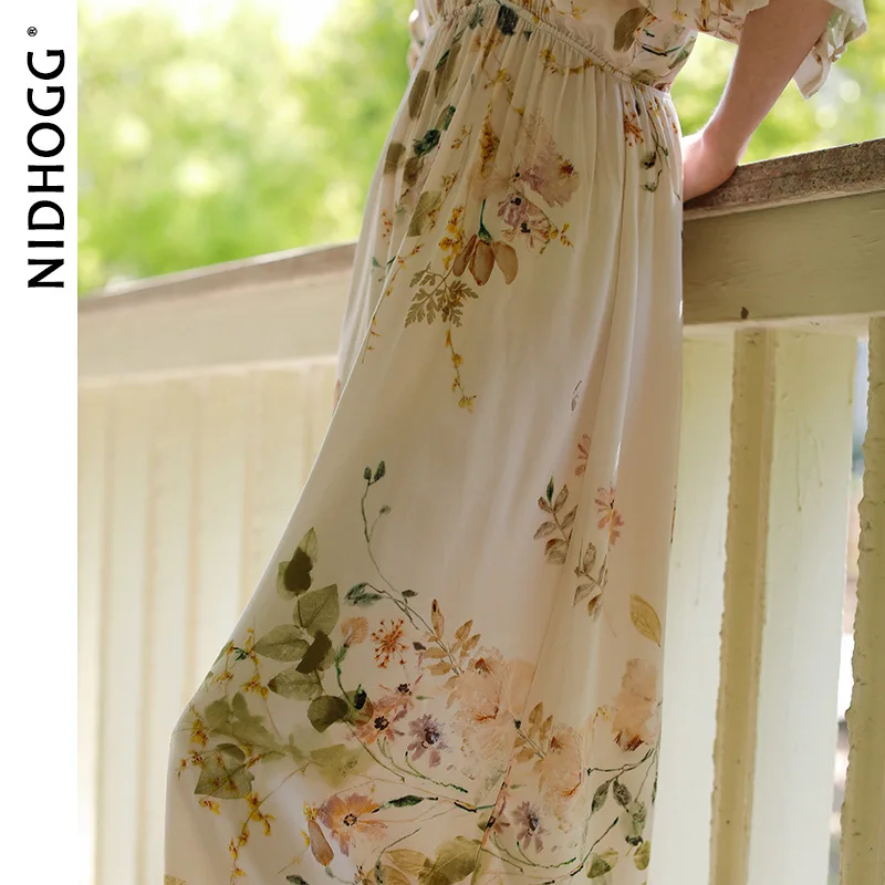 2022 Summer Lady Nightgown V-neck Elegant Rose Printed Satin Women Sexy Sleepwear Night Dresses for Party Nighty Sleep Dress