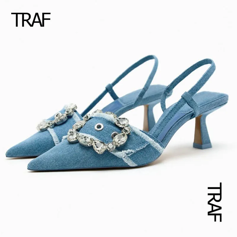 

Женские джинсовые туфли-лодочки на высоком каблуке, с котятами