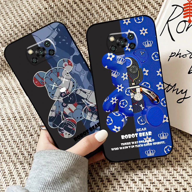 

Fashion Brand Luxury Bear Phone Case For Xiaomi Poco X3 Pro NFC For POCO X3 GT Liquid Silicon Black Back Funda Soft
