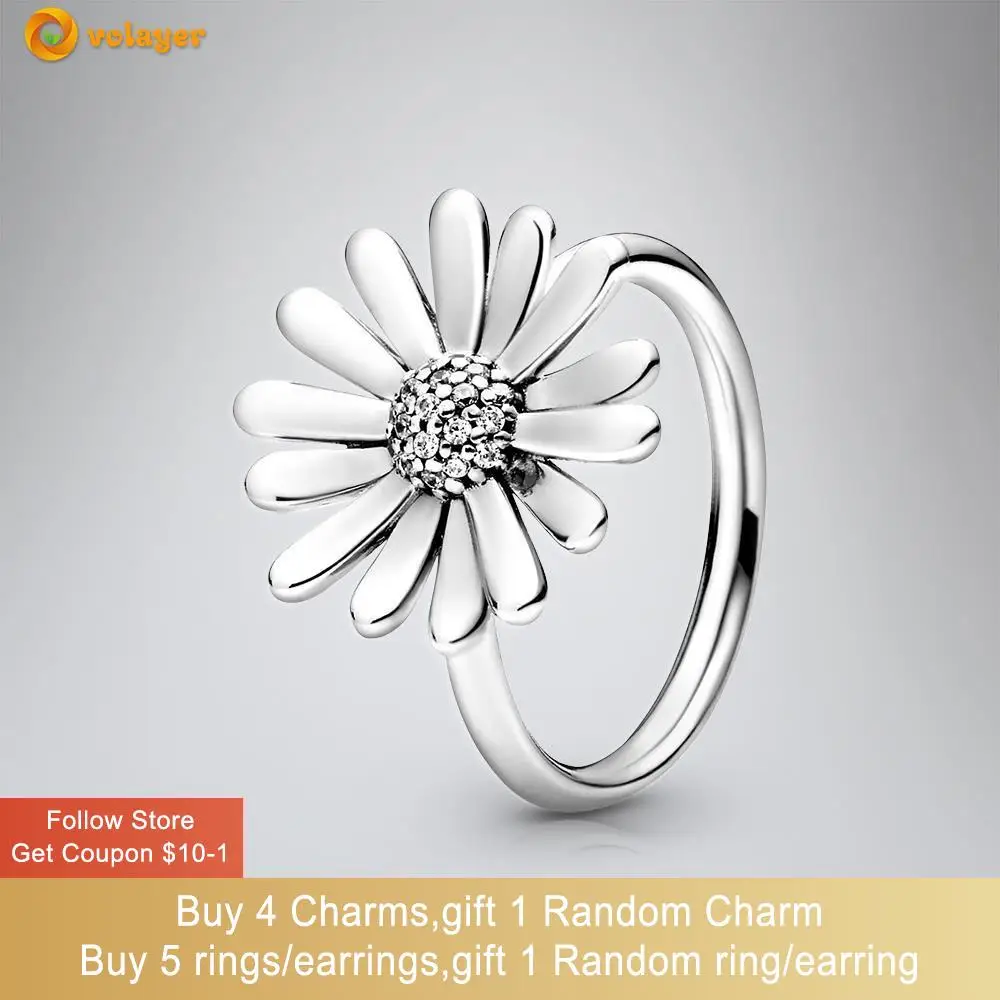 

Volayer 925 Sterling Silver Ring Pave Daisy Flower Statement Ring Original 925 Silver Women Ring Engagement Ring Women Jewelry