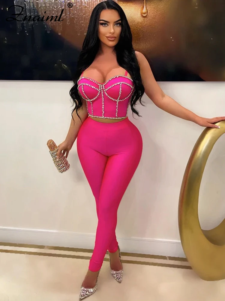 

Роскошный корсет Znaiml, укороченный топ и брюки, леггинсы, комплект из двух предметов для женщин, одежда для ночного клуба, со стразами, одежда на день рождения