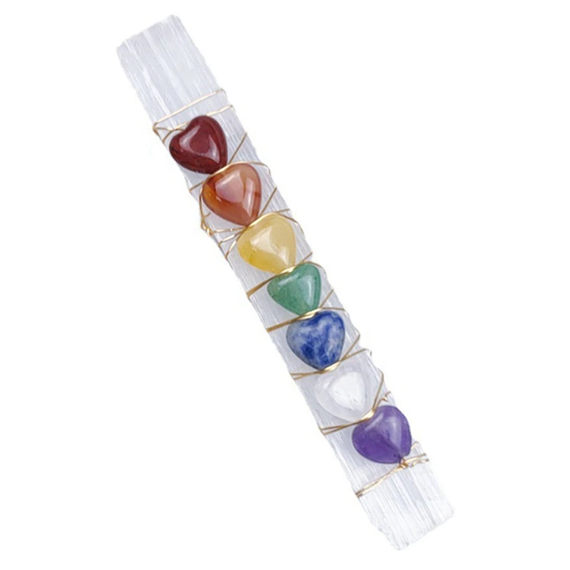 

7 Chakra Healing Crystal Heart Shaped Gemstones Copper Wire Wrapped Irregular Selenite Crystal Stick Home/Fengshui Decor