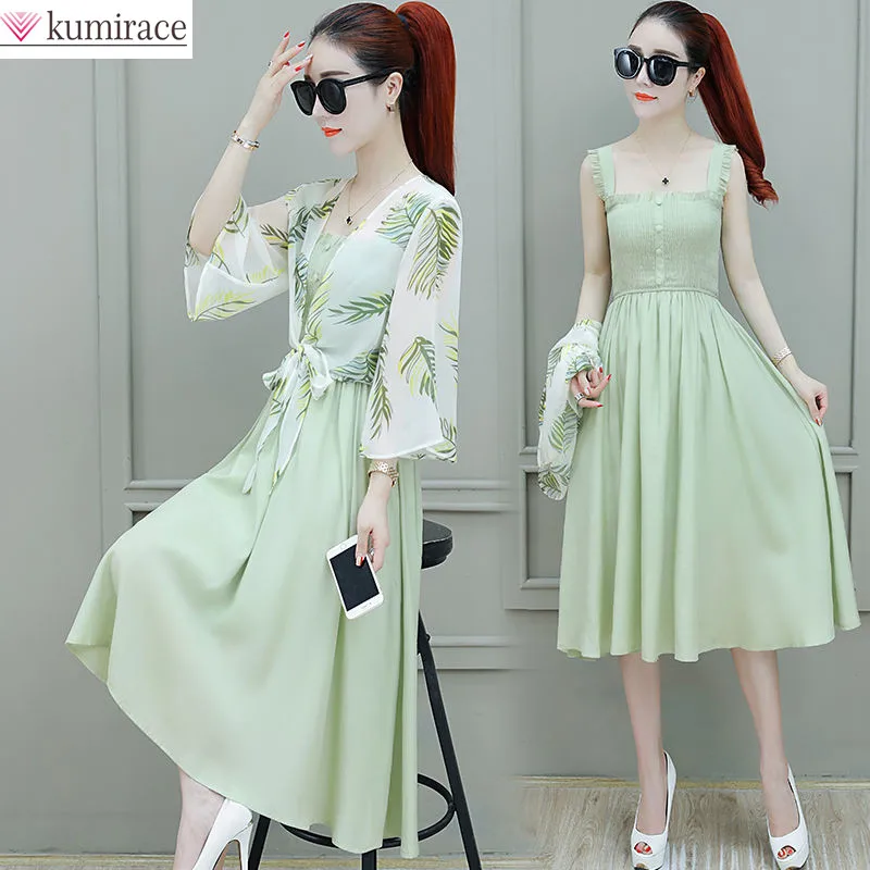 

Korean Popular Summer New Sunscreen Chiffon Shirt Ruffle Lace Dress Two Piece Elegant Women's Evening Dresses Casual Wear