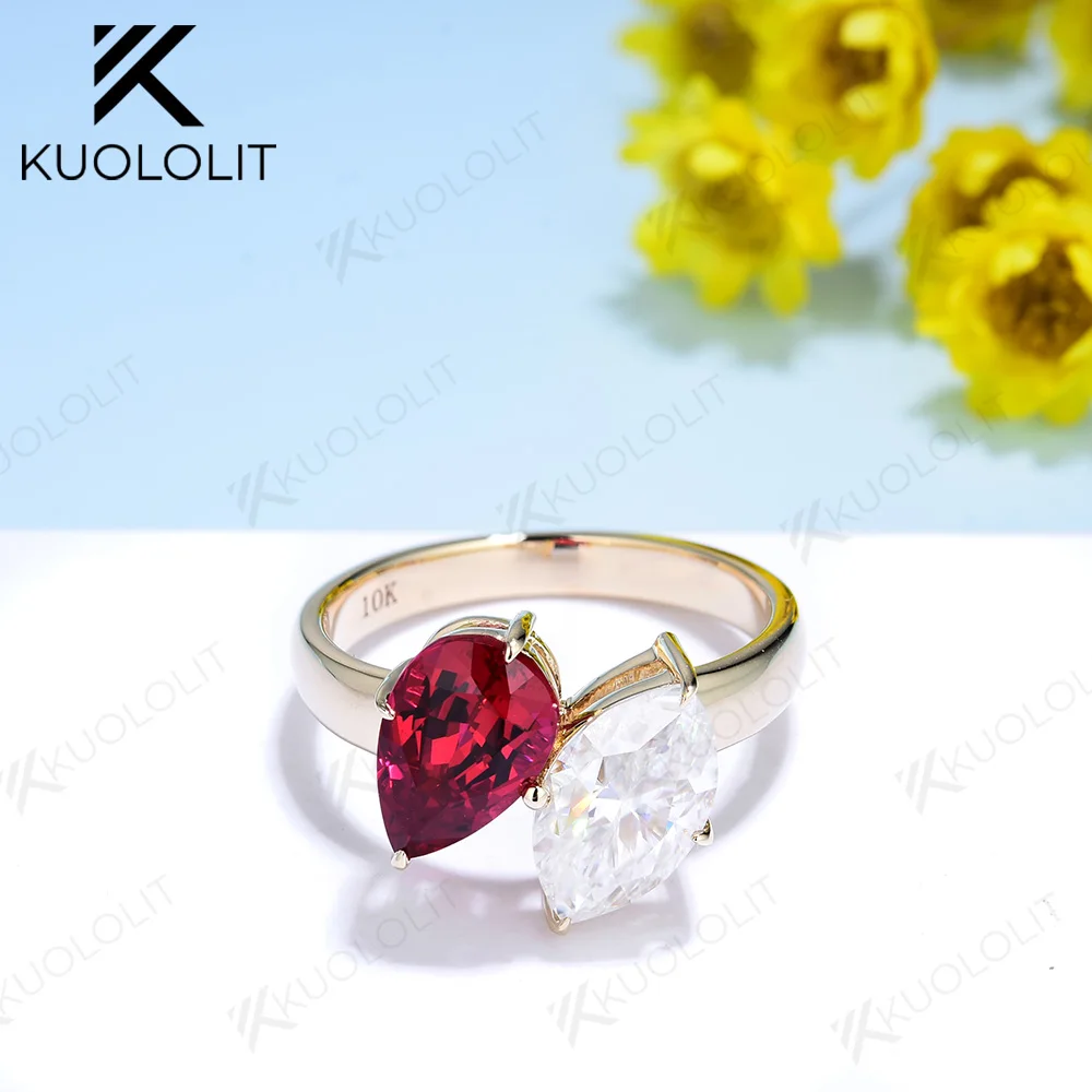 

Женское кольцо с рубином kuolit Lab Grown, 18K, 14K, белое золото, Moissanite, Marquise, для помолвки, вечерние, 2 камня