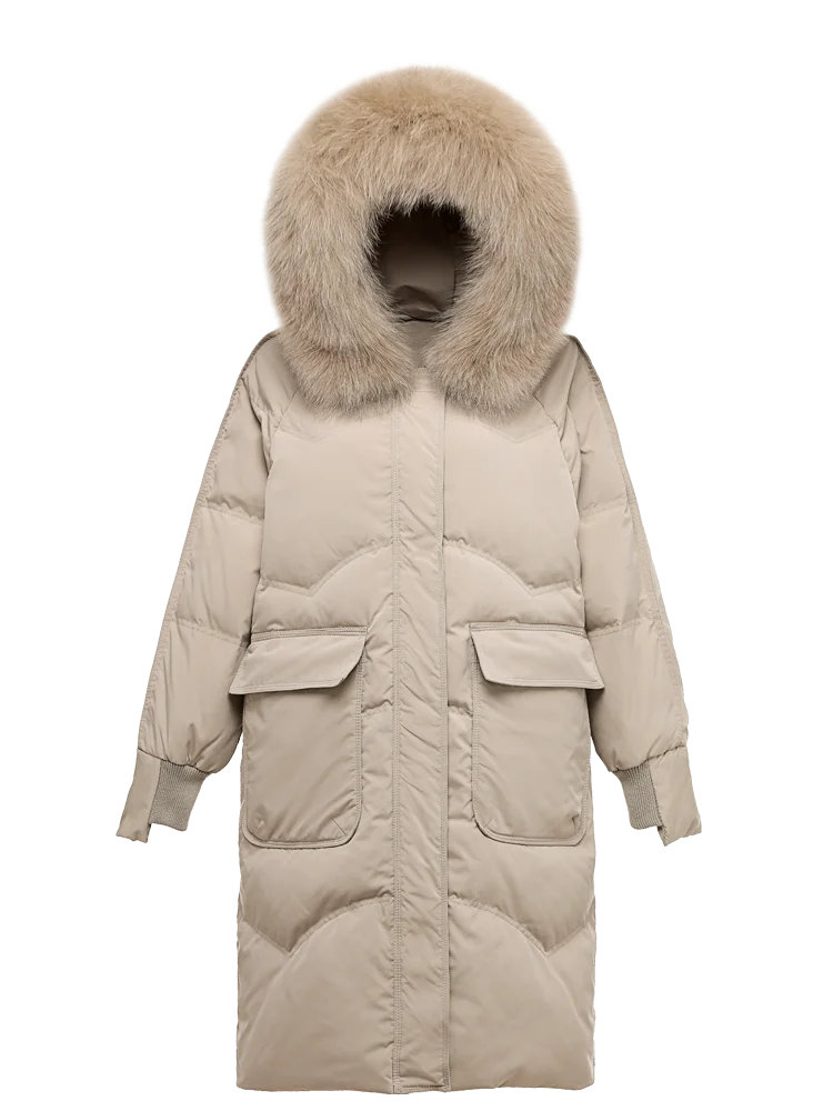 New Women Fox Fur Collar Long Down Jacket Casual Style Autumn Winter Coats And Parkas Female Outwear