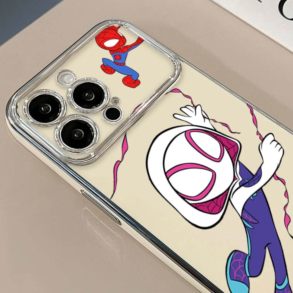 Phone Case For iPhone MINISO S-Spiders M-Man Couple 12 11 13 14 15 16 Max Pro Plus Electroplated Large Window Lens