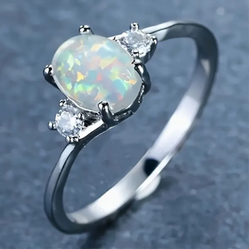 

Exquisite Women's Silver Color Ring Oval Cut Fire Opal Zircon Jewelry Birthday Proposal Gift Bridal Engagement Party Band Rings