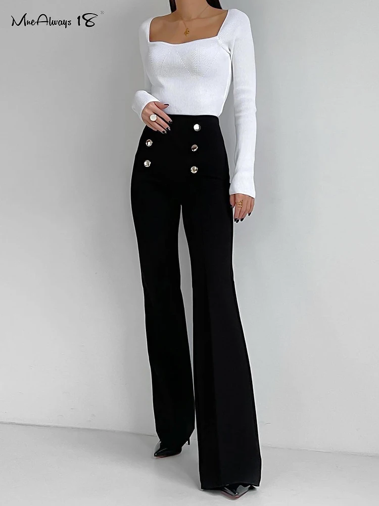 

Mnealways18 двубортные черные длинные брюки женские широкие брюки-клеш на пуговицах модные брюки с высокой талией Женская офисная одежда