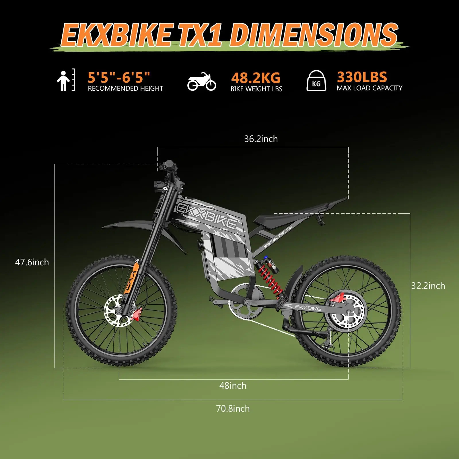Электрический внедорожный мотоцикл Readygo EKXBIKE TX1, 3000 Вт, литиевая батарея 60В30Ач, для взрослых, максимальная скорость 80 кмч, пиковая мощность 6000 Вт (art.: 3920dad9d689a) - 3920dad9d689a