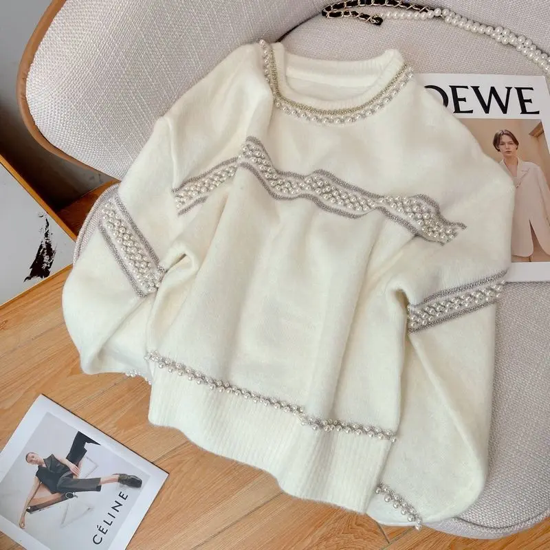 

Vintage Women Knitted Sweaters Top White Sweater Pearl Round Neck Sweater Warm Women Outfits Solid Color Cloth Winter